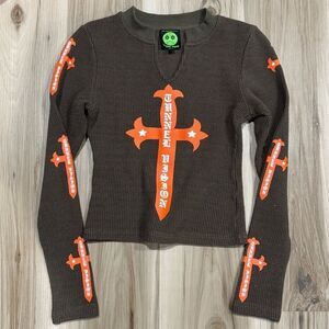 Tunnel Vision Cropped Waffle Knit Cross Long Sleeve Shirt Women’s XXS